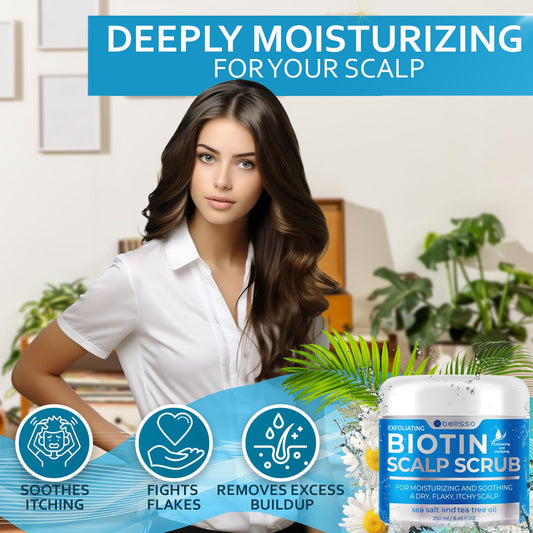 Bellisso Biotin Scalp Scrub application close-up highlights microbeads for dead skin removal.