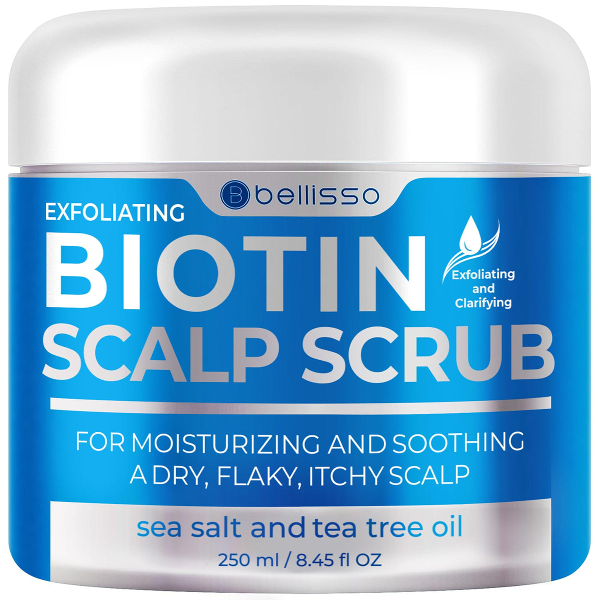 Bellisso Biotin Scalp Scrub bottle close-up showing exfoliating formula for buildup relief.