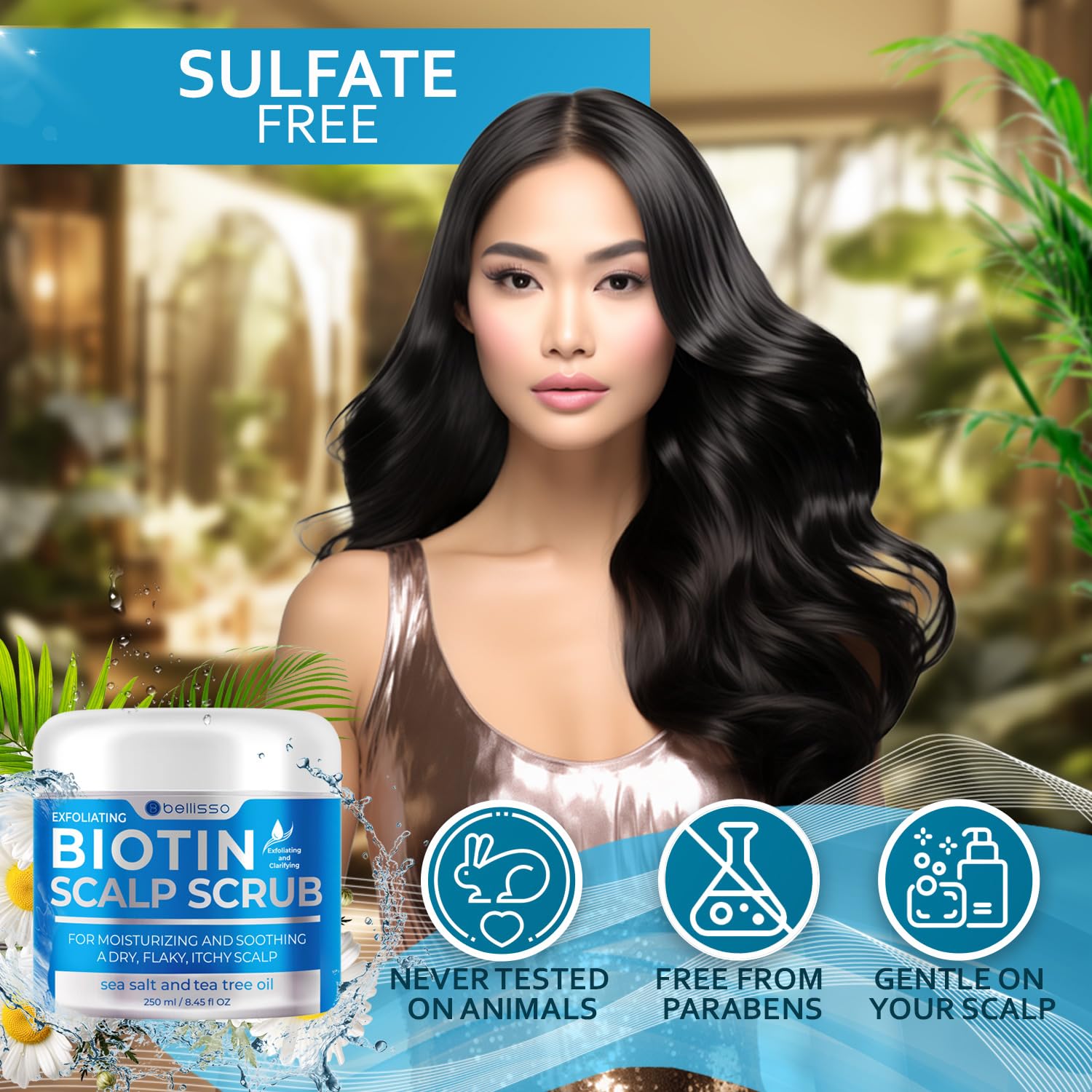 Bellisso Biotin Scalp Scrub sea salt view demonstrates gentle buildup removal.