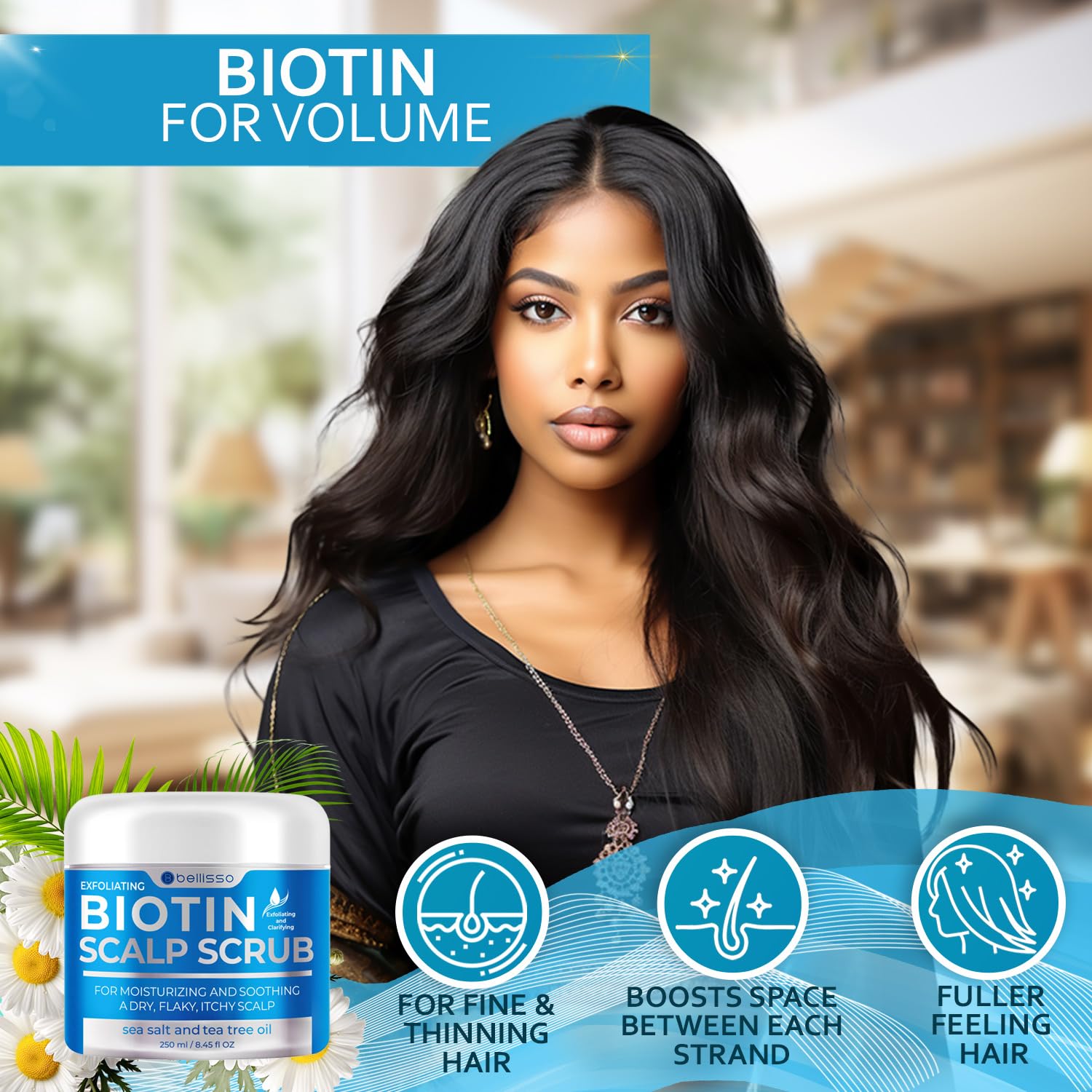Bellisso Biotin Scalp Scrub texture close-up highlights creamy detox exfoliant for a refreshed scalp.