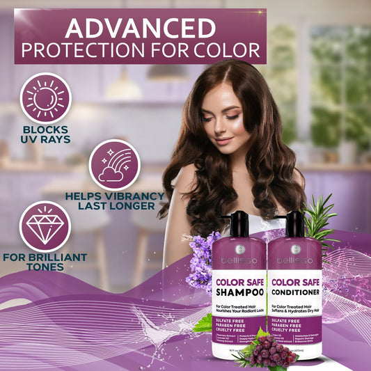 Bellisso color-safe conditioner tube back promotes silky, hydrated color-treated hair.