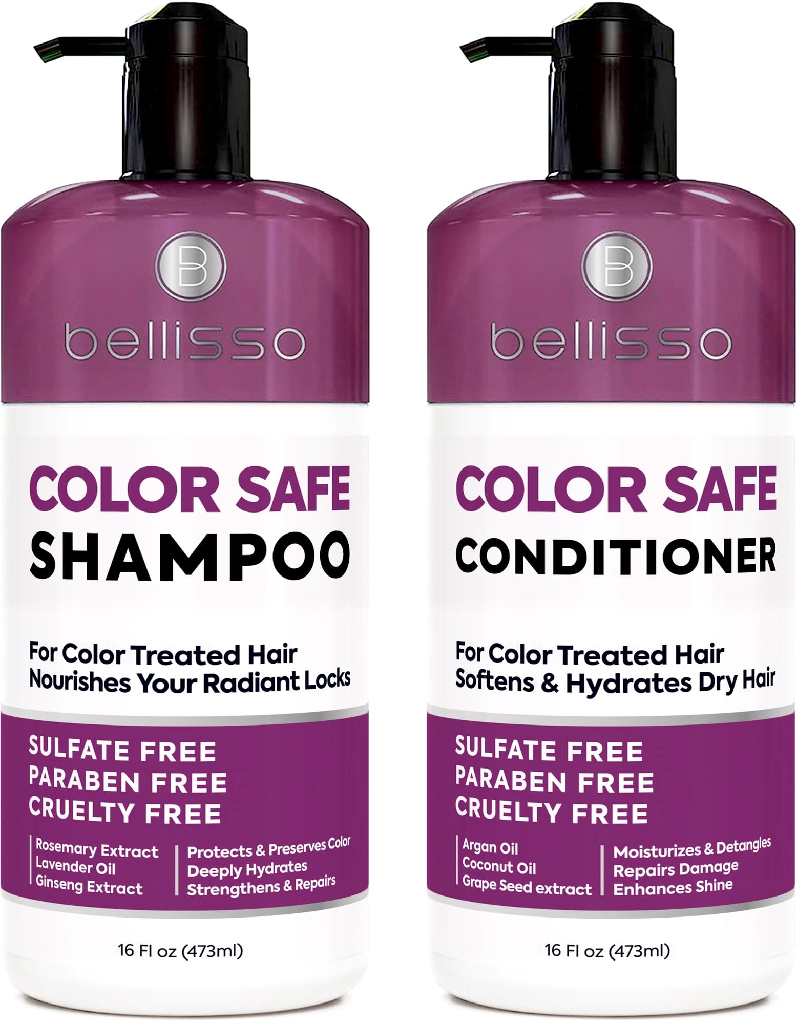 Bellisso color-safe shampoo bottle front boosts color vibrancy and longevity.