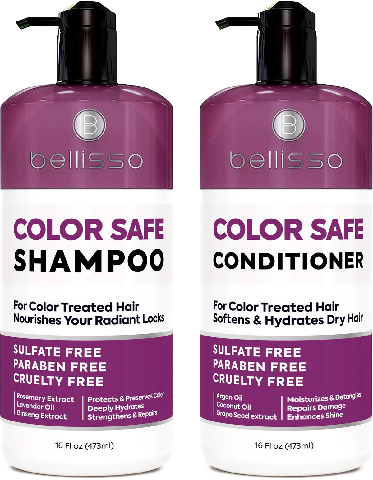 Bellisso color-safe shampoo bottle front boosts color vibrancy and longevity.