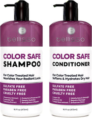Bellisso color-safe shampoo bottle front boosts color vibrancy and longevity.