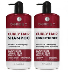 Bellisso curly shampoo bottle showing product for defined curls and hydration