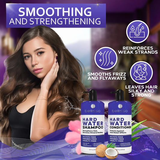 Bellisso hard water conditioner bottle for smoother, softer hair after cleansing.