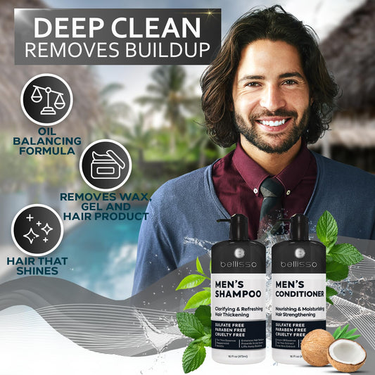 Bellisso men's conditioner bottle front view emphasizing detangling and moisture.