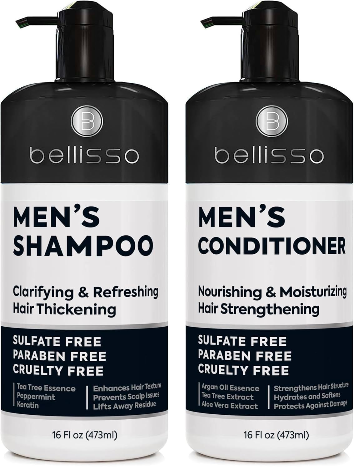 Bellisso men's shampoo bottle front view highlighting deep cleansing action.