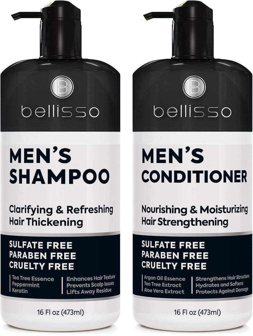 Bellisso men's shampoo bottle front view highlighting deep cleansing action.