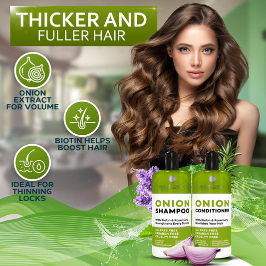 Bellisso Onion Rosemary Conditioner bottle demonstrates hydrating formula for smoother, fuller strands