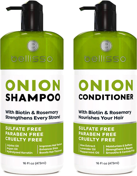 Bellisso Onion Rosemary Shampoo bottle promotes volumizing hair care for fuller-looking strands