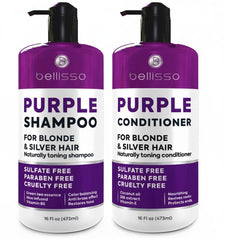 Bellisso Purple Shampoo bottle close-up showing toning for platinum and silver hair.