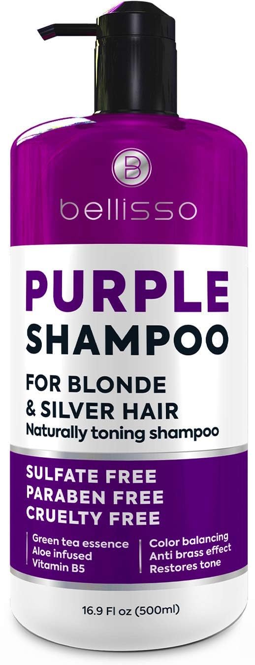 Bellisso purple shampoo bottle front, toning formula to reduce brassiness on color-treated hair