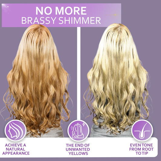 Bellisso purple shampoo bottle pump application shows brassy tone neutralization