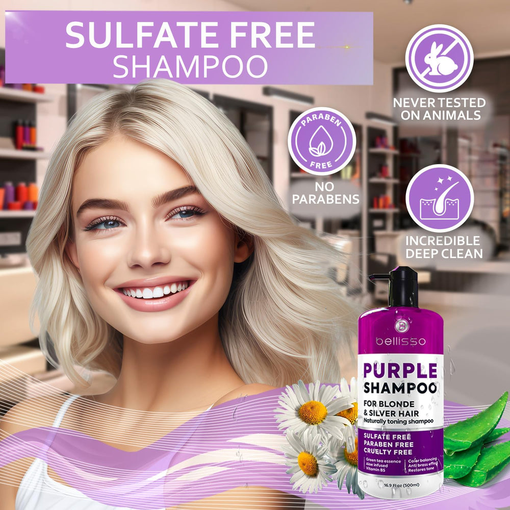 Bellisso purple shampoo shown with gray and silver hair for natural-toned results