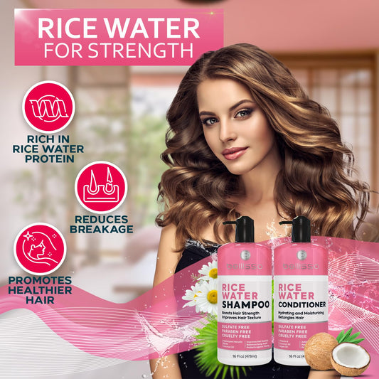 Bellisso Rice Water Conditioner bottle pouring for smoother, fuller hair.