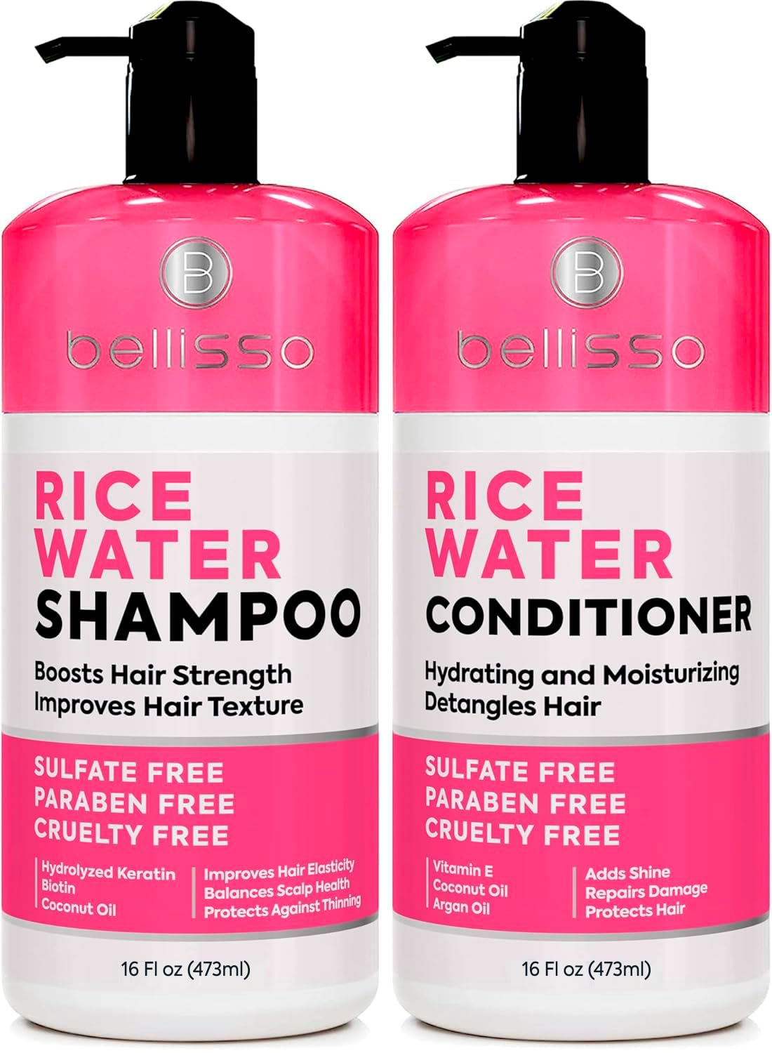 Bellisso Rice Water Shampoo bottle pouring to strengthen and reduce breakage.