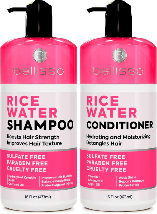 Bellisso Rice Water Shampoo bottle pouring to strengthen and reduce breakage.