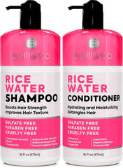 Bellisso Rice Water Shampoo bottle pouring to strengthen and reduce breakage.