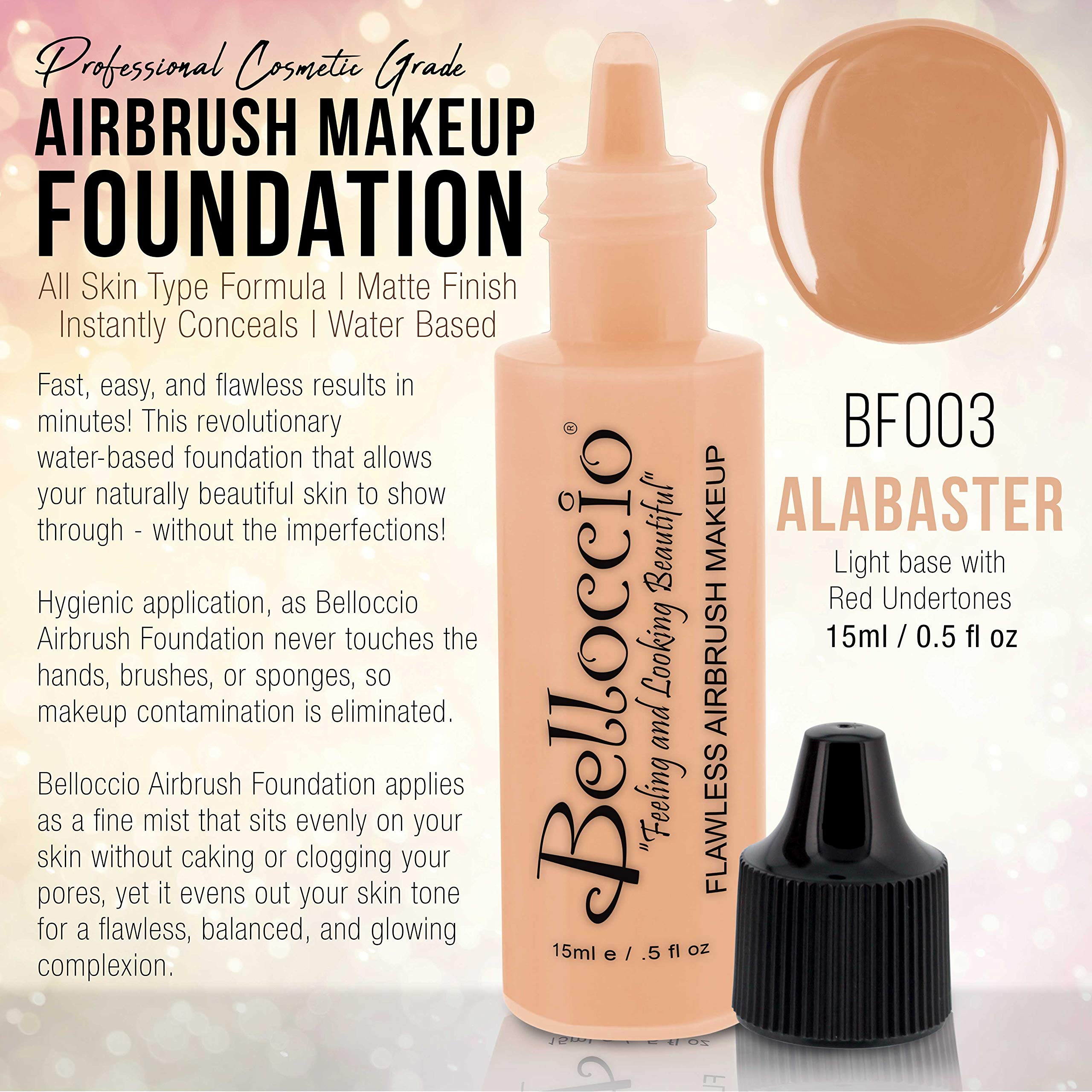 Belloccio 1/2 oz airbrush foundation bottle in buff-light for quick, even application