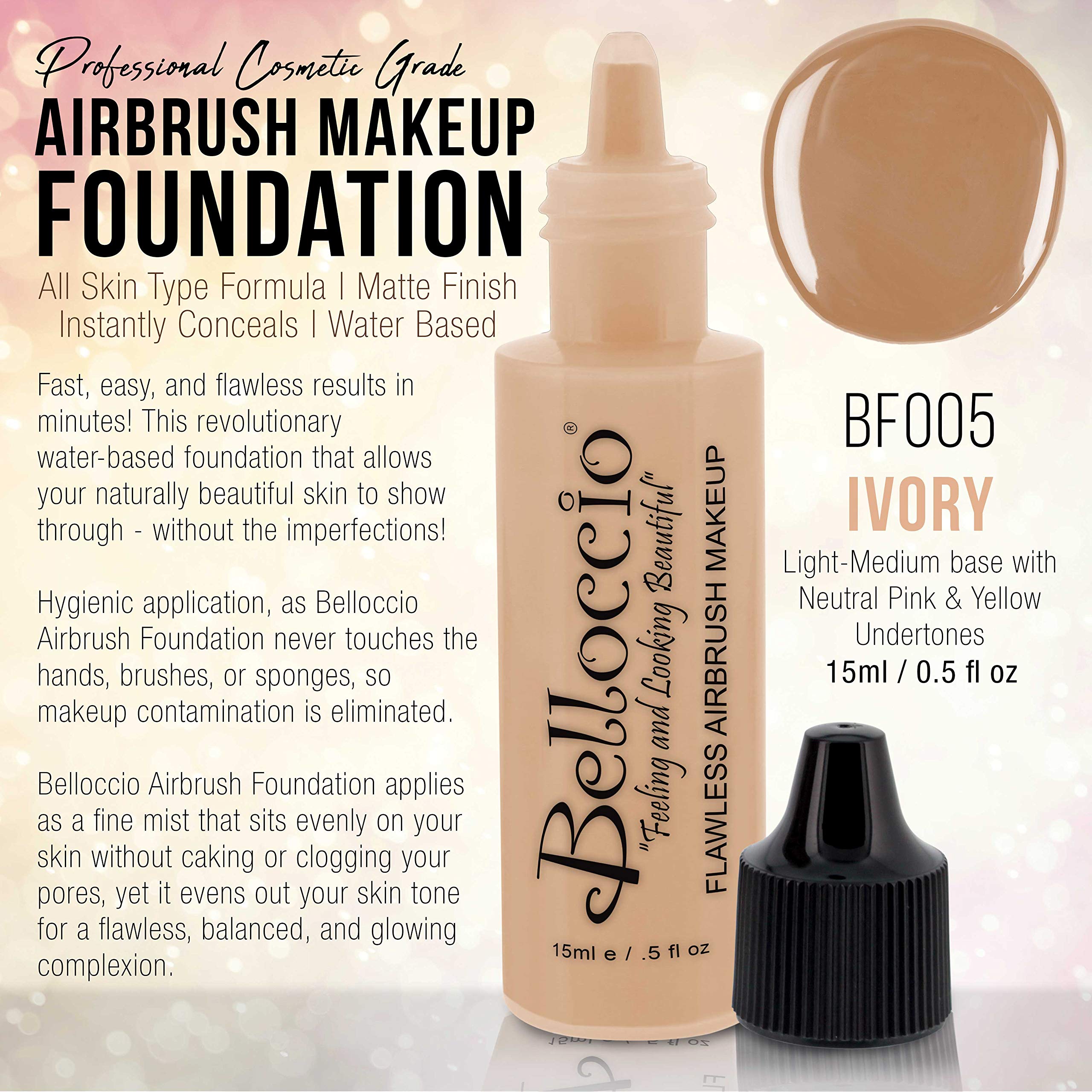 Belloccio airbrush foundation swirl application closeup showing silky texture and blendability.