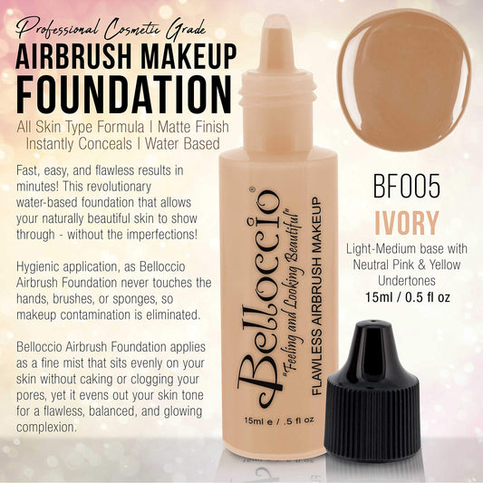 Belloccio airbrush foundation swirl application closeup showing silky texture and blendability.