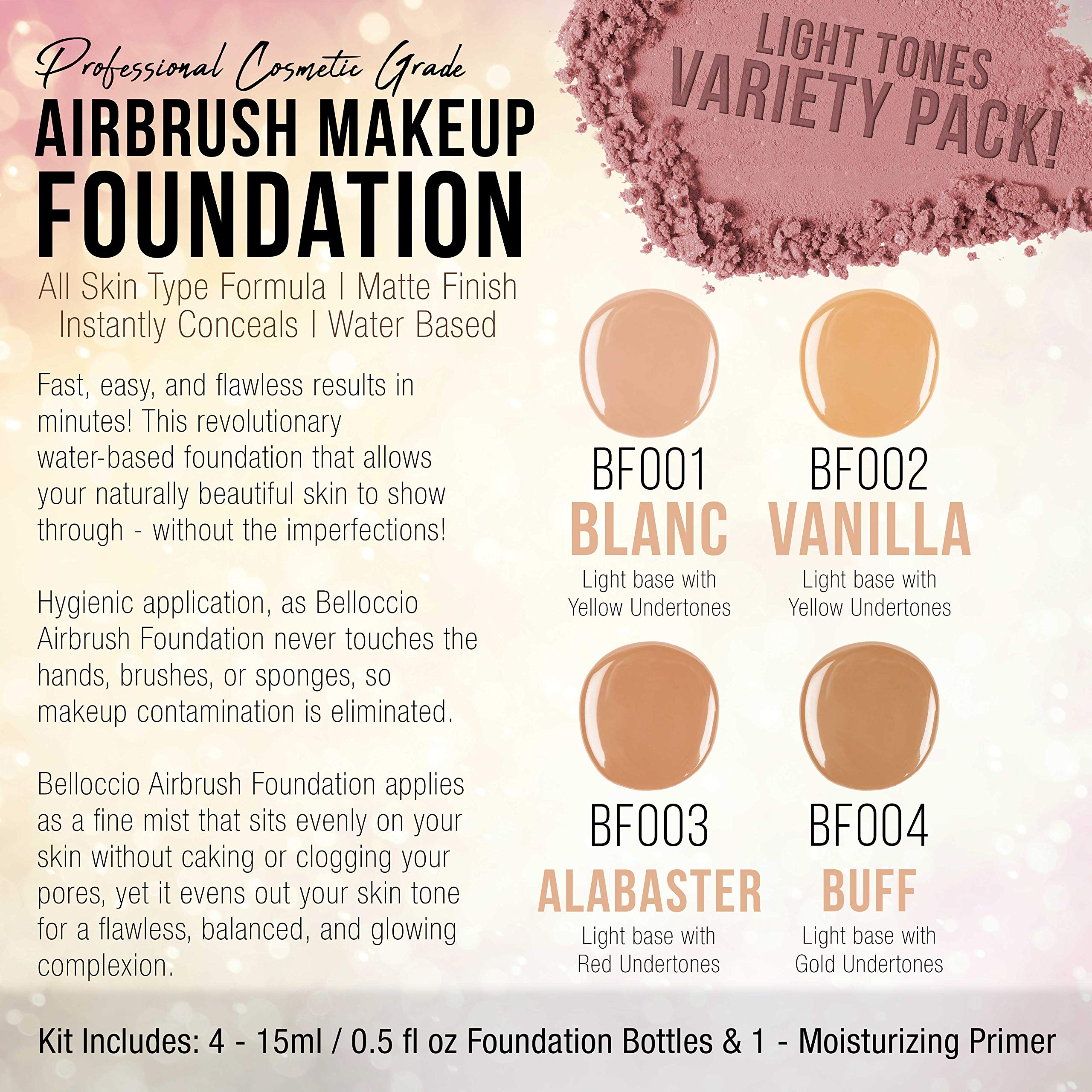 Belloccio airbrush makeup application demonstrates a smooth, even finish for professional results.