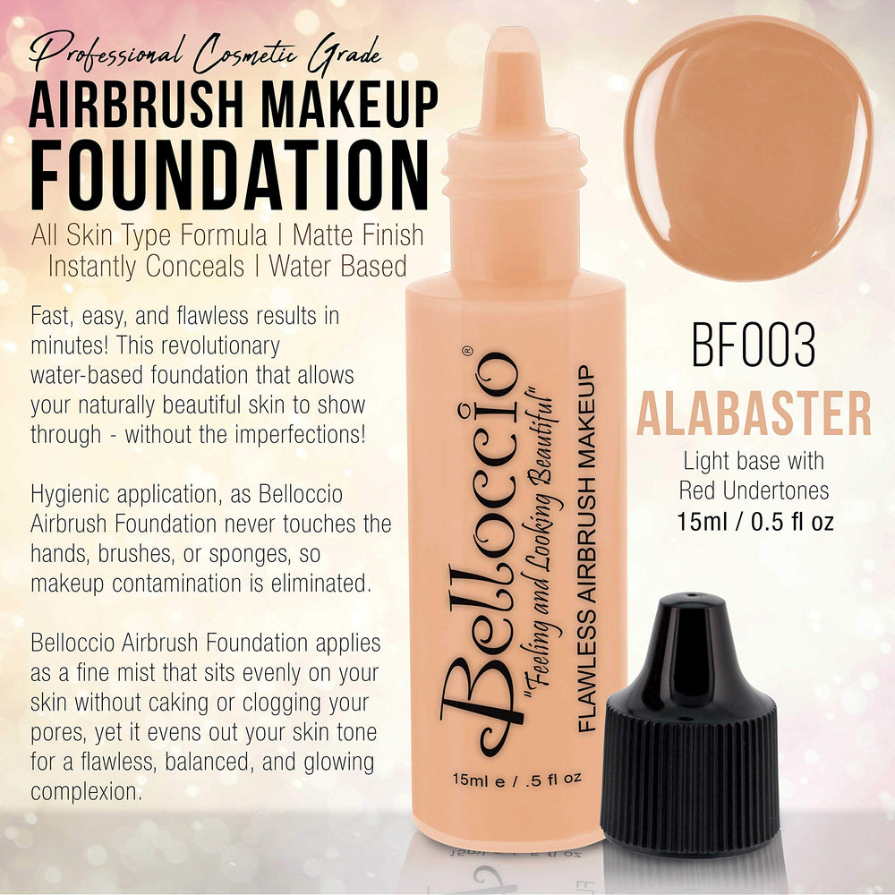 Belloccio alabaster airbrush mist application illustrating a seamless, light veil on skin