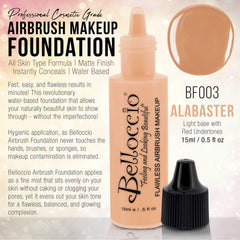 Belloccio alabaster airbrush mist application illustrating a seamless, light veil on skin