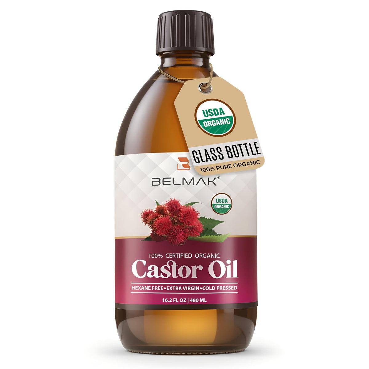 BELMAK Organic Castor Oil bottle in amber glass for storage and quality.