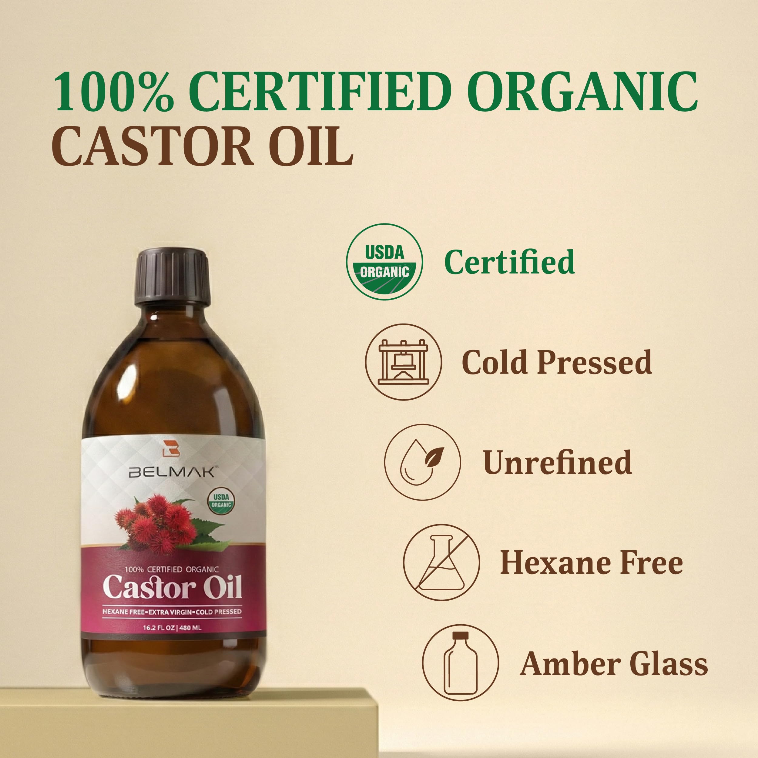 BELMAK castor oil label highlights purity and hexane-free formula.