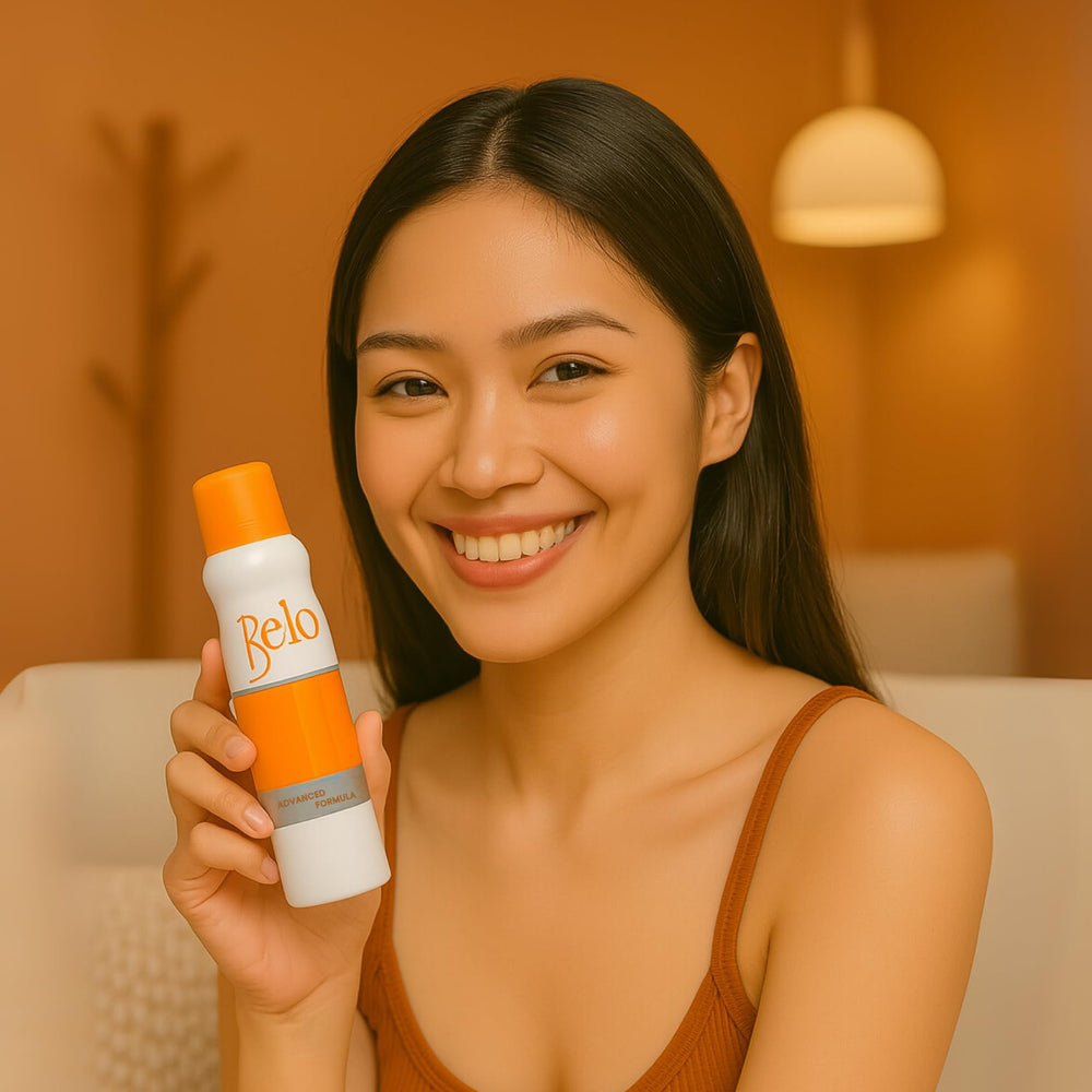 Belo Essentials easy spray application demonstrated for smooth coverage.