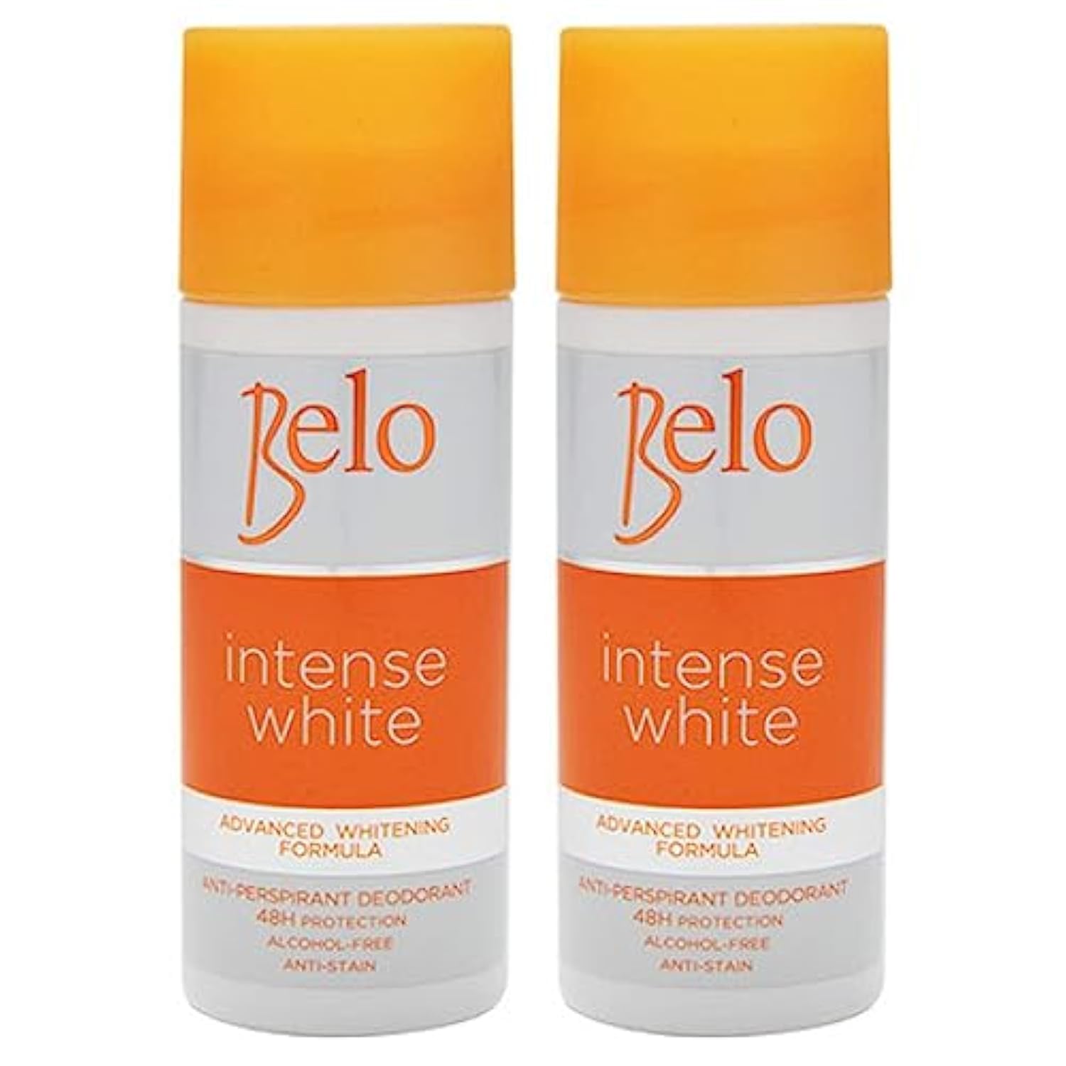 Belo Essentials Intense White deodorant bottle showing dual whitening action and long-lasting freshness
