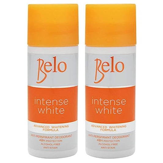 Belo Essentials Intense White deodorant bottle showing dual whitening action and long-lasting freshness