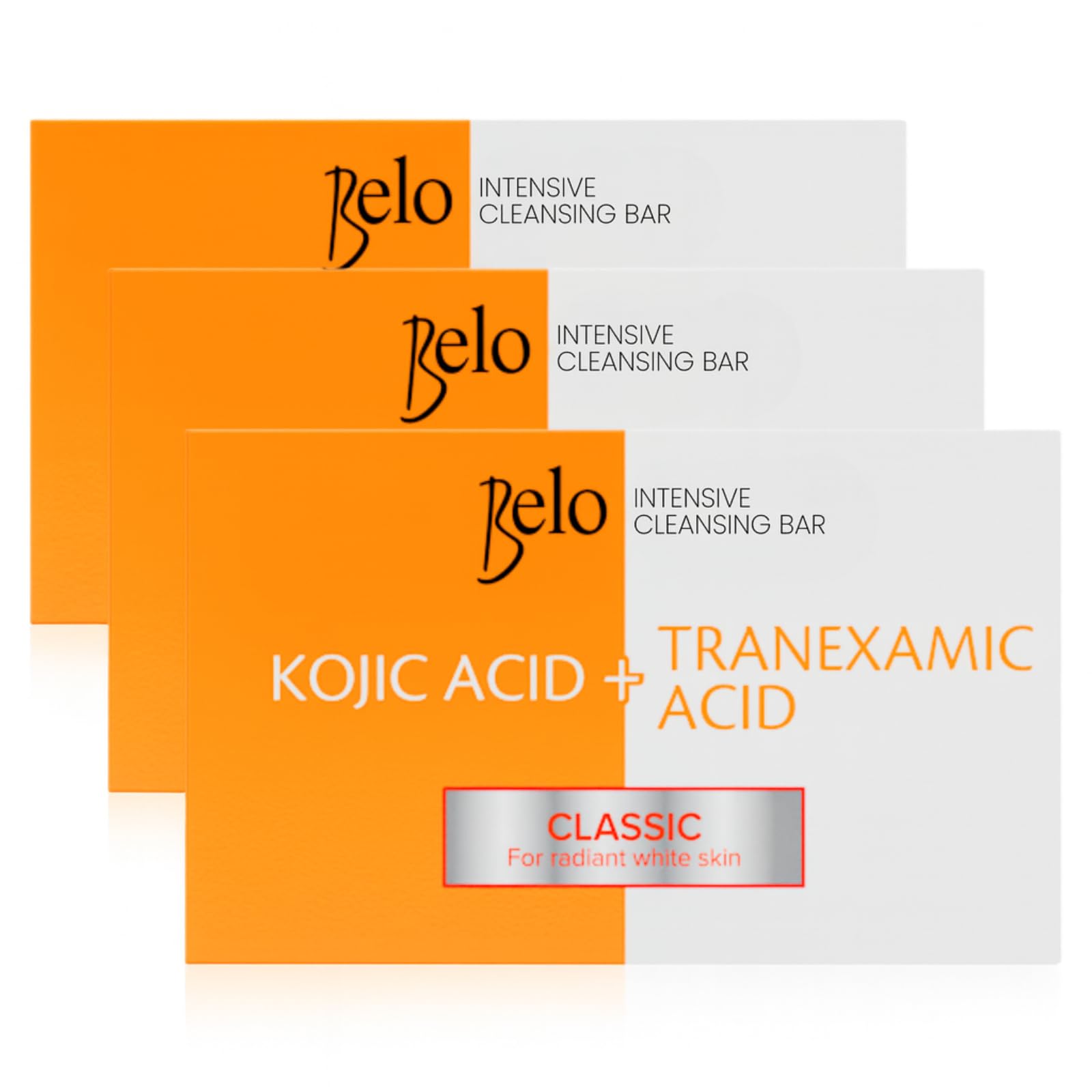 Belo Essentials Intensive Cleansing Bar packaging front showing three bars for daily cleansing.