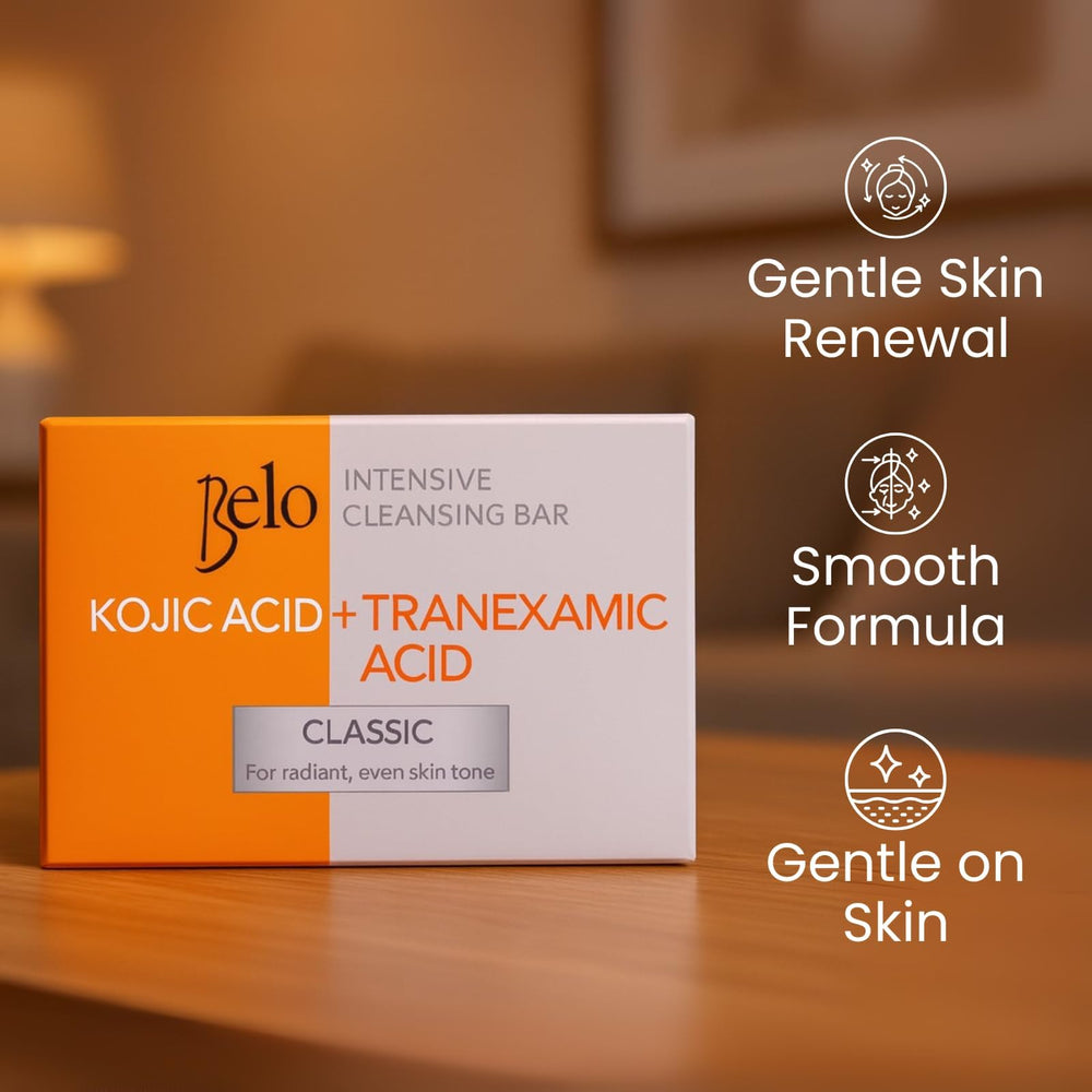 Belo Essentials cleansing bar on display with three-pack configuration for home use.