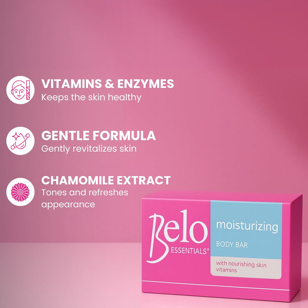 Belo Essentials four-pack bars stacked emphasizing compact travel-ready size.