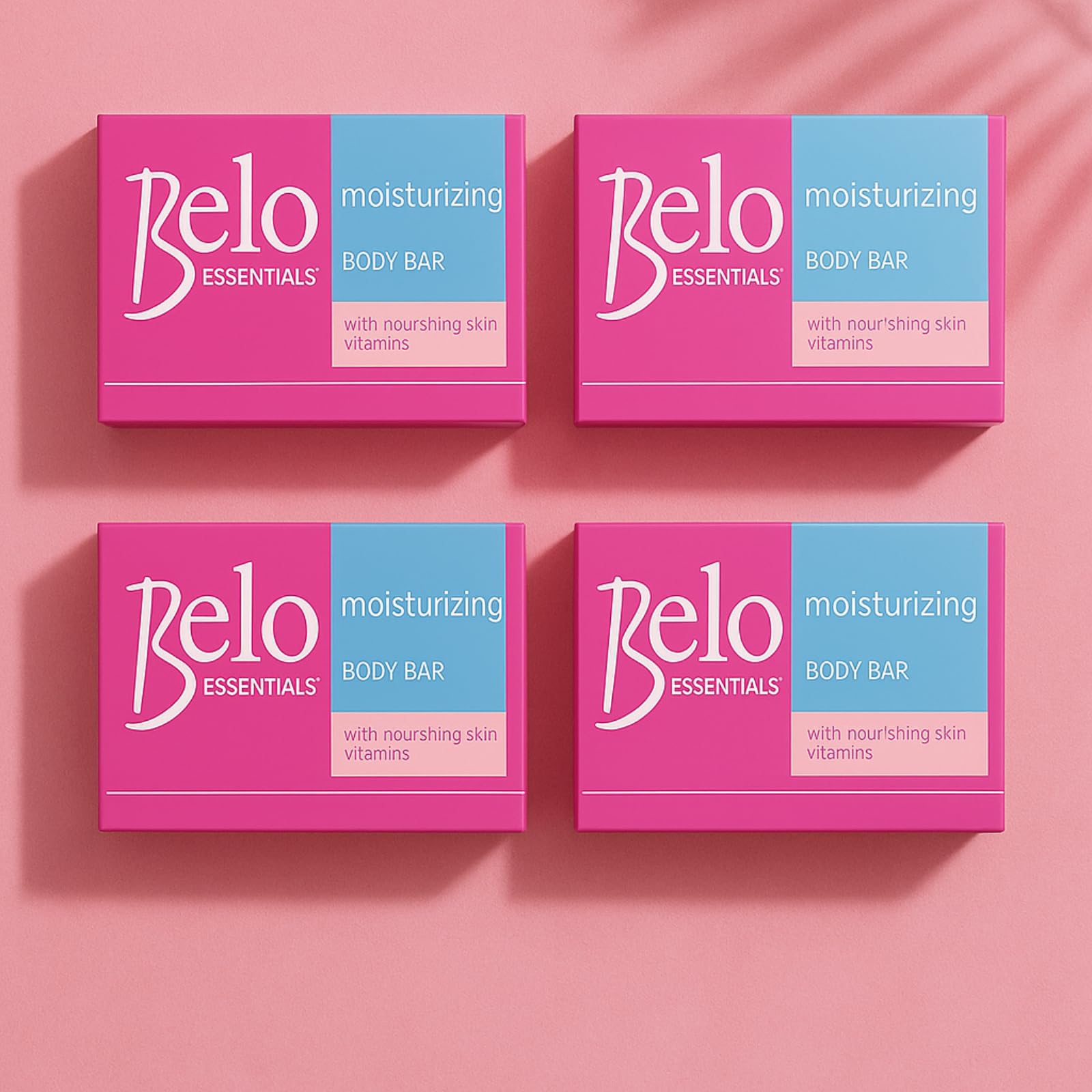 Belo Essentials packaging design with brand colors highlights premium skincare ritual.