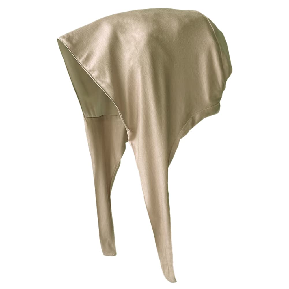 Belsen satin bonnet front view shows snug fit for curls.