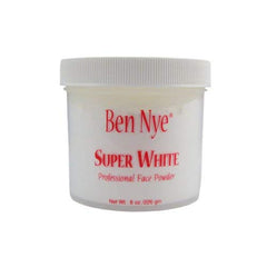 Ben Nye Super White setting powder for a matte, camera-ready finish.