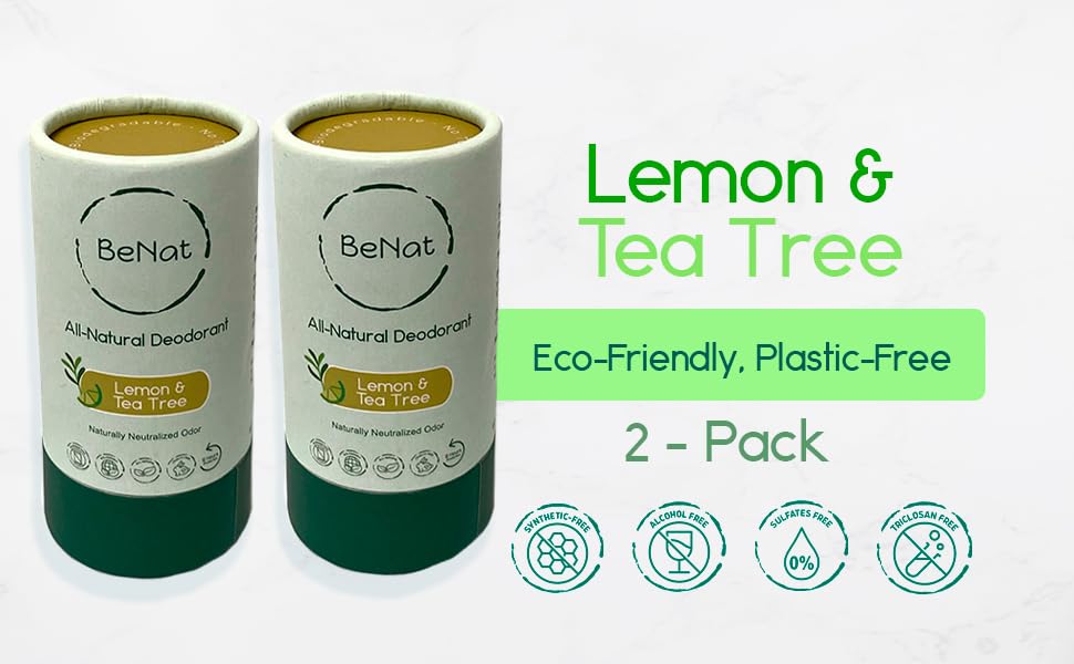BeNat deodorant 2-pack tube close-up showing lemon-tea tree scent.