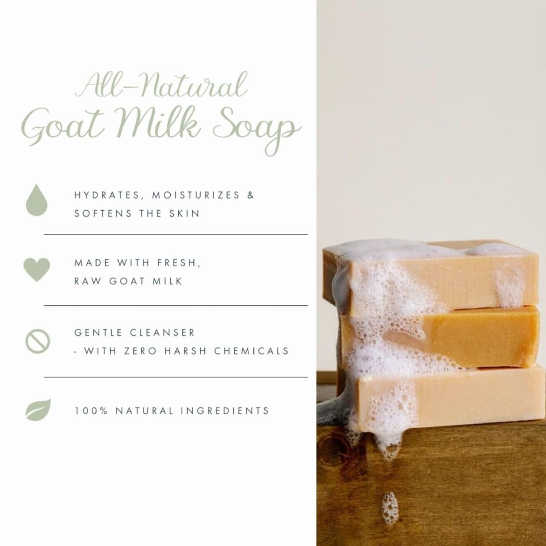 Goat milk soap ingredients from Bend Soap Company: goat milk and plant oils.