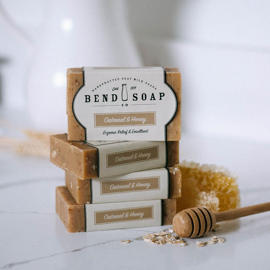 Bend Soap Company goat milk soap oatmeal honey bar close-up for gentle cleansing.