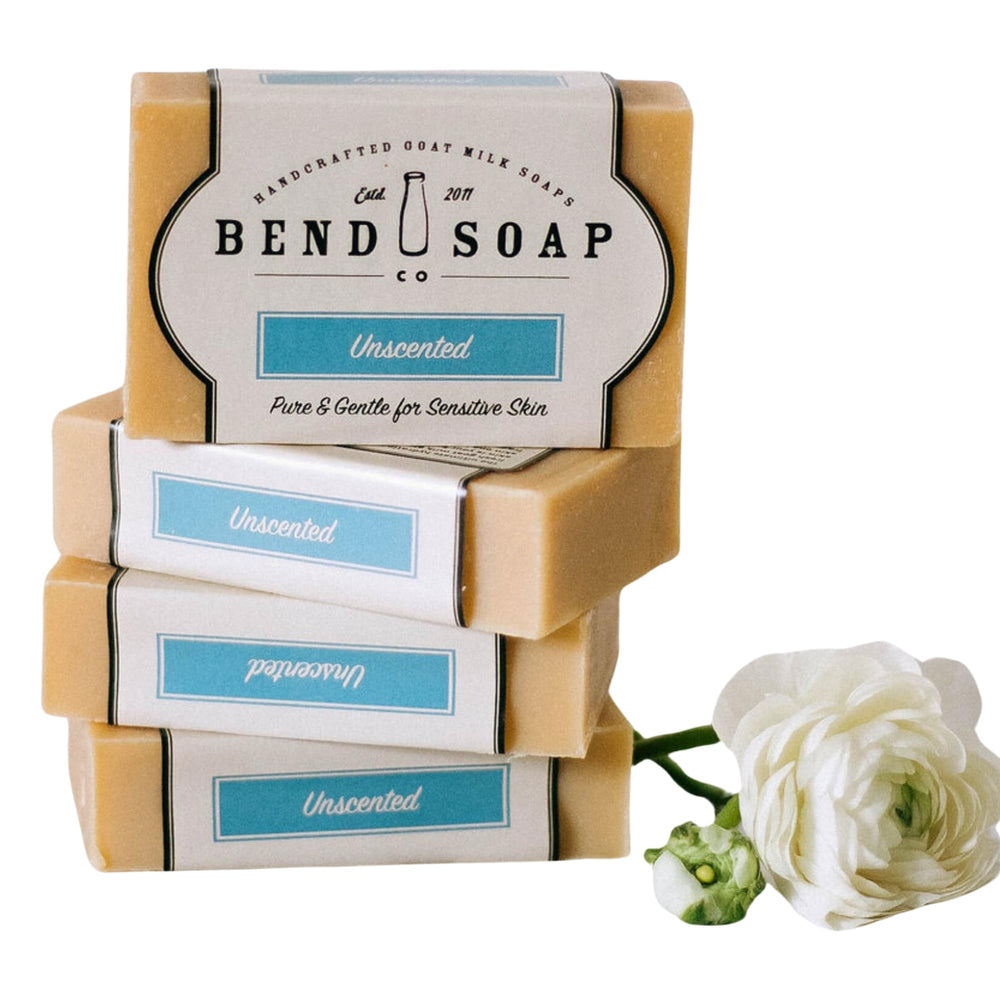 Bend Soap Company unscented goat milk soap bar close-up showing natural texture and purity.