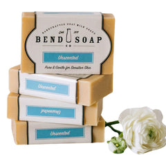 Bend Soap Company unscented goat milk soap bar close-up showing natural texture and purity.