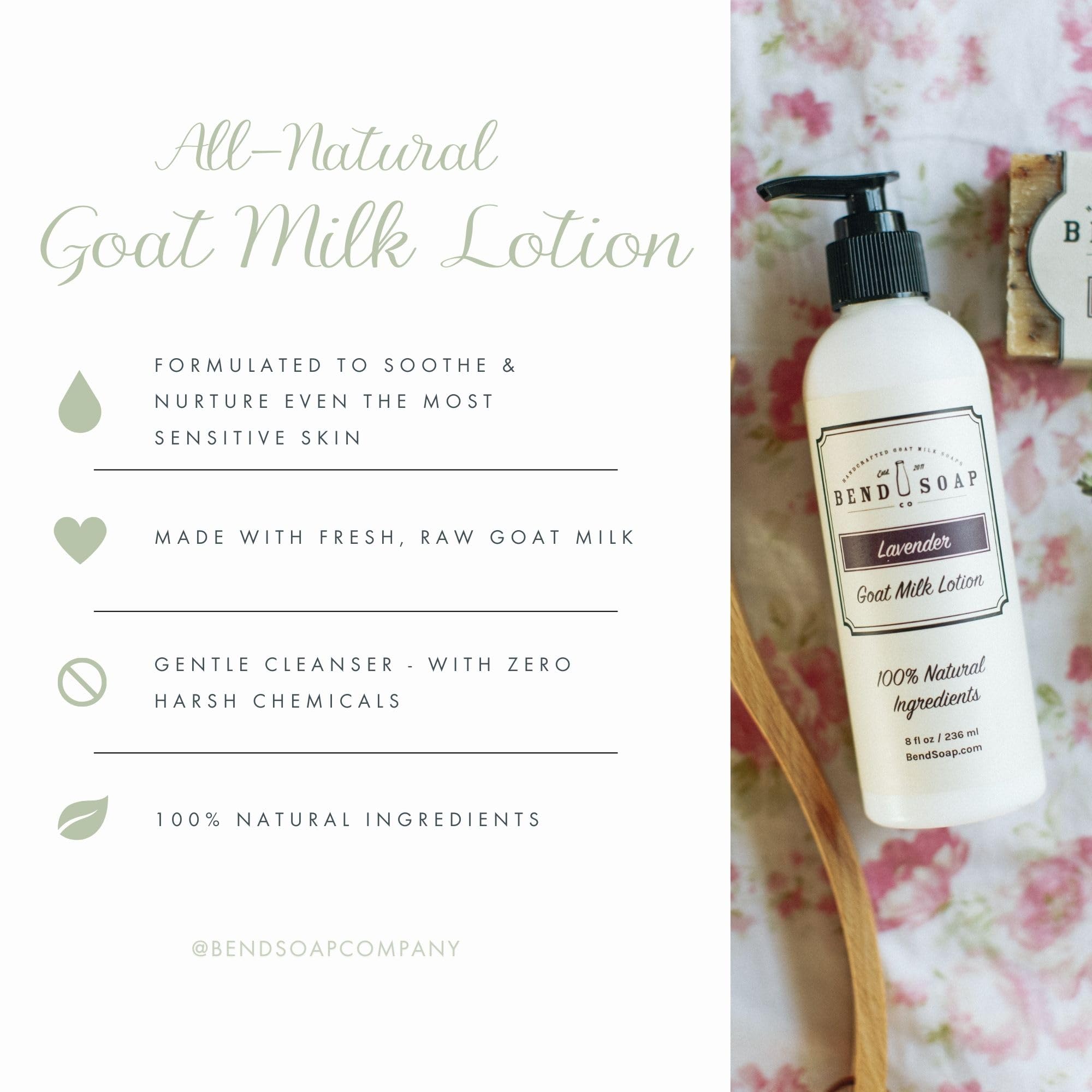 Bend Soap Company Unscented Goat Milk Lotion packaging shot emphasizes clean ingredients and soft skin care