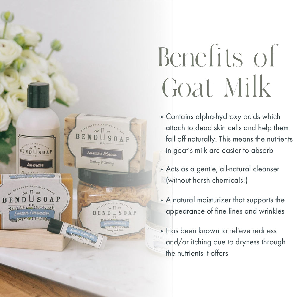 Bend Soap Company Almond Delight Milk Bath ingredients close-up with goat milk and botanicals.