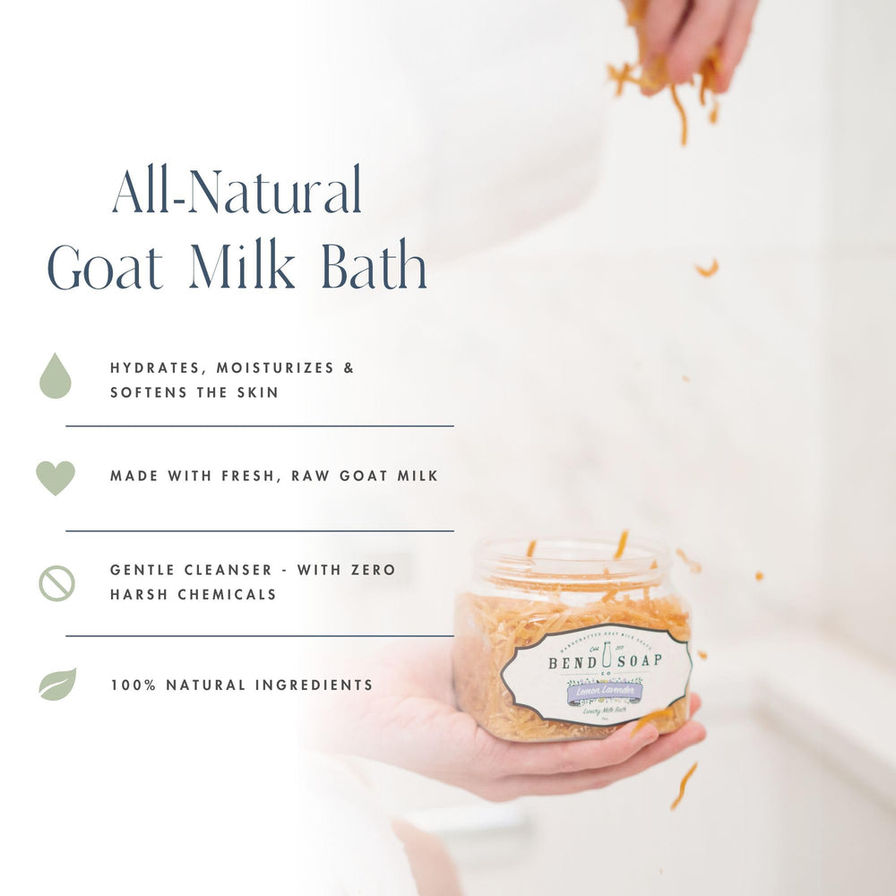 Bend Soap Company Almond Delight Milk Bath label close-up shows natural ingredients.
