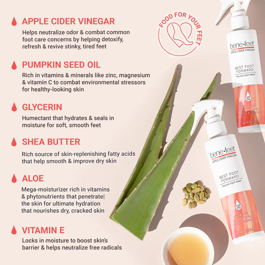 Benefeet Best Foot Forward applying spray on dry feet for quick exfoliation.