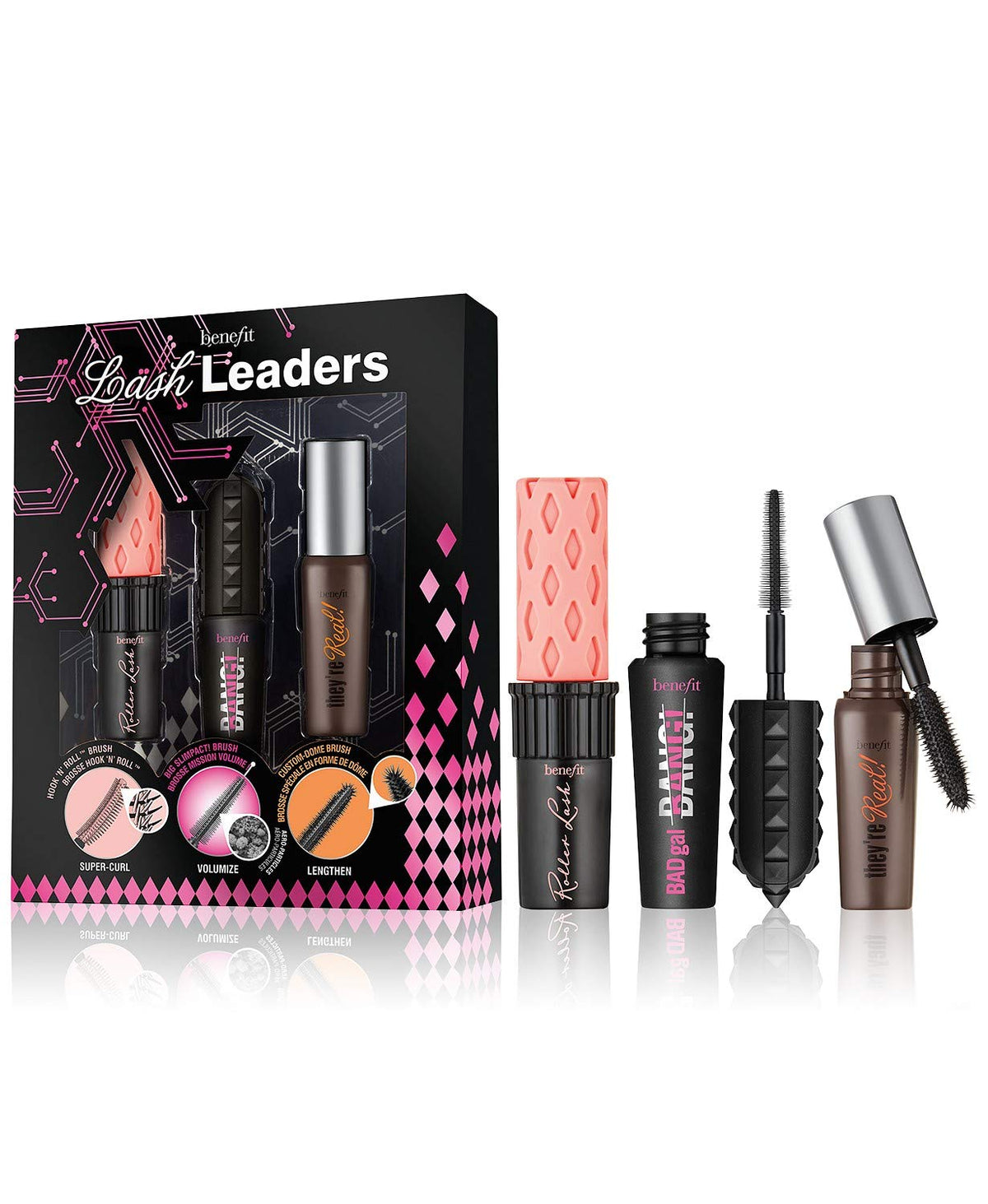 Benefit Badgal Bang mini volumizing mascara highlights bold volume for dramatic lashes.